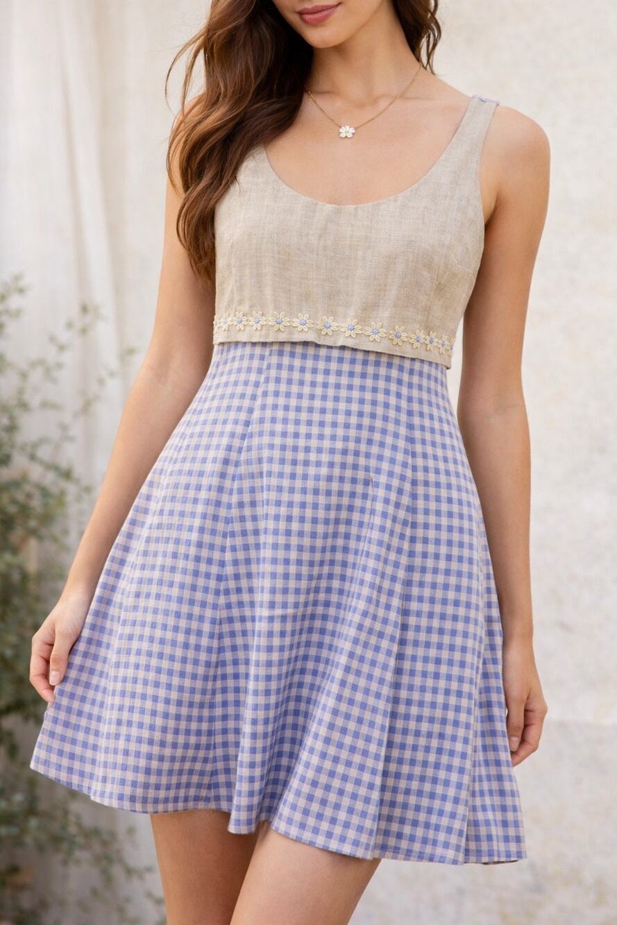 Vintage Blue Gingham Dress Sleeveless Cottagecore Prairie Floral Trim 9 summer